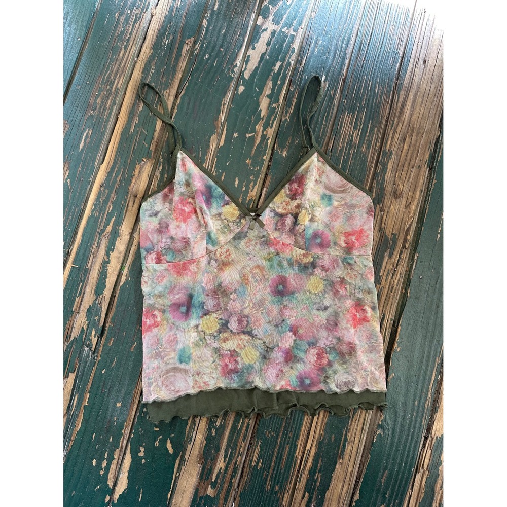 No Boundaries Floral Mesh Camisole Top Olive Green V-Neck Lettuce Hem Large 12
